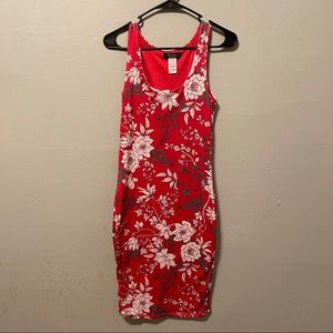 Red midi dress with white flowers